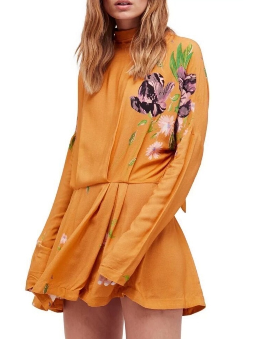Free People Gemma Mustard Yellow Floral Tunic Mini Long Sleeve Dress Size XS